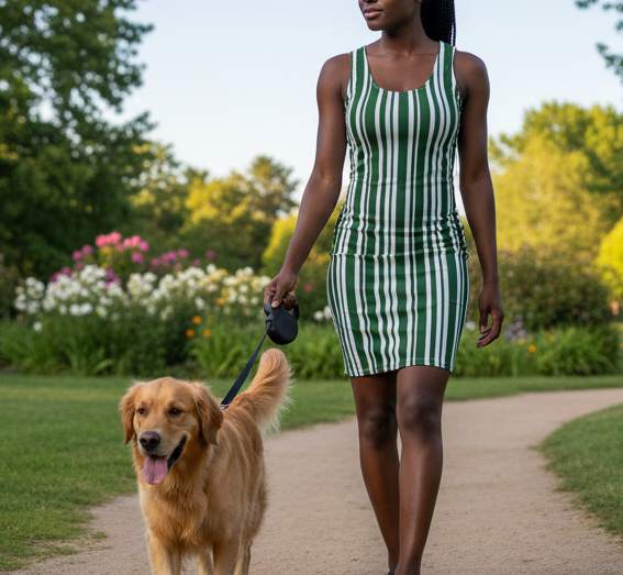Woman in a green and white striped dress walking a golden retriever dog in a park.