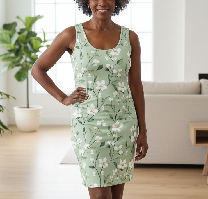 Woman wearing a green floral dress in a bright room with a plant and couch.