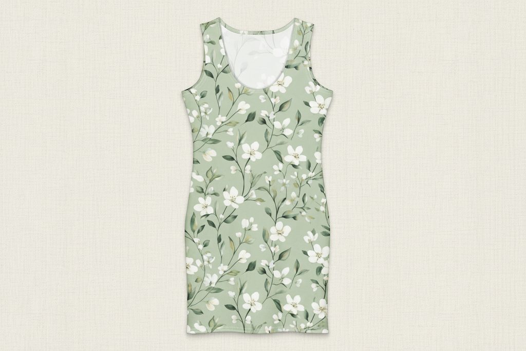 Green floral tank dress on a beige background