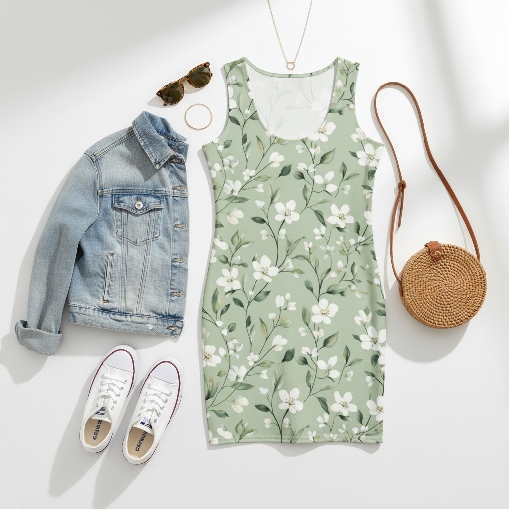 Floral dress with denim jacket, sneakers, sunglasses, and round bag on a white background