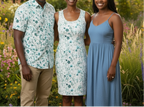 Three people standing in a field of flowers wearing floral and blue dresses.
