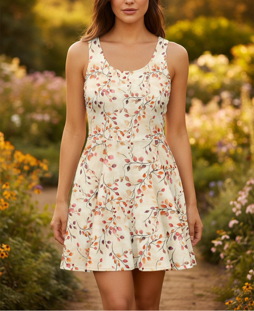 Woman wearing a floral dress in a garden setting