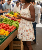 Woman in a floral dress holding a yellow pepper at a farmers market.