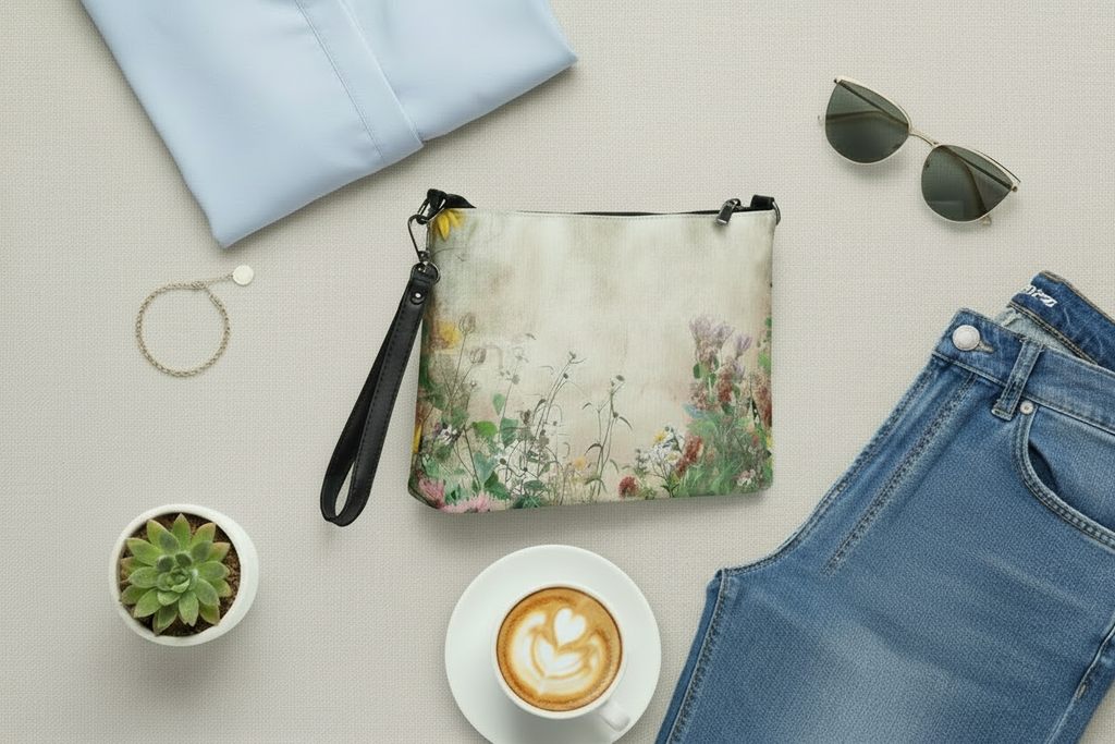 Floral pouch with sunglasses, bracelet, and coffee on a light surface