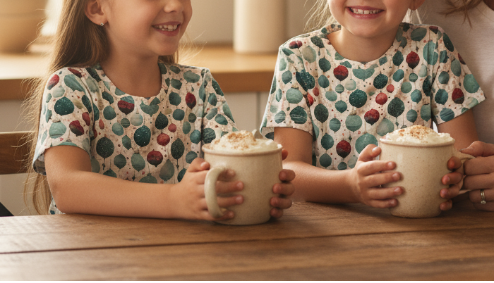 Two children in matching patterned shirts holding mugs with a warm beverage.