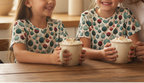 Two children in matching patterned shirts holding mugs with a warm beverage.