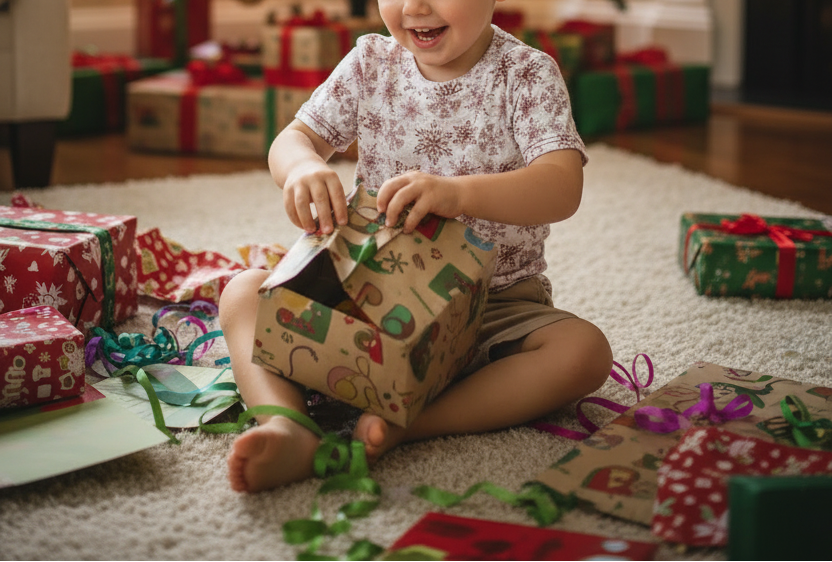 A young child sitting on a carpeted floor surrounded by wrapped Christmas presents, opening a gift box with colorful holiday illustrations.