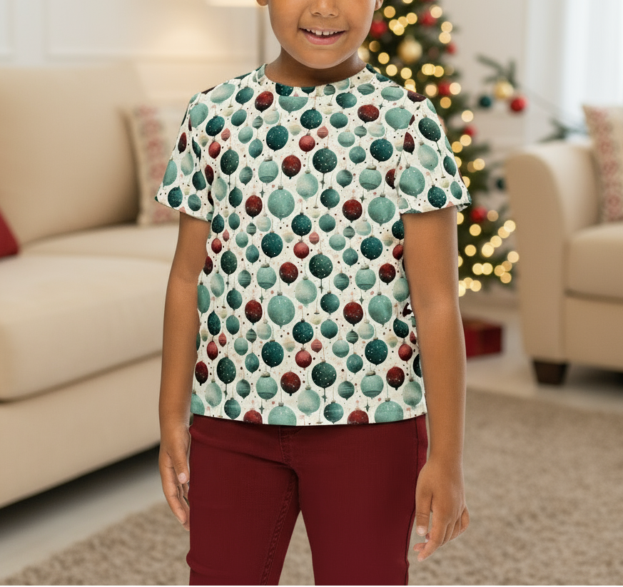 Young girl wearing a patterned shirt in a living room with a Christmas tree.