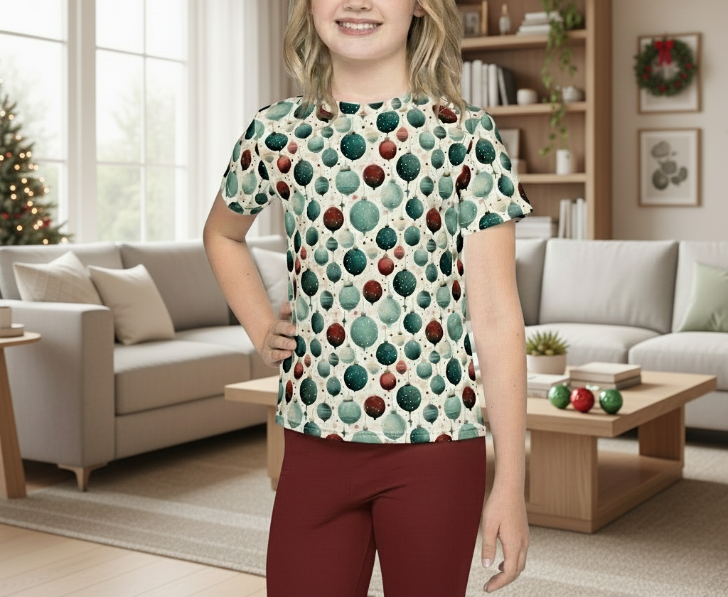 Person wearing a patterned shirt in a living room setting
