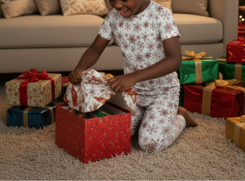 Kids pajama top with red snowflake print and short sleeves, all-over pattern