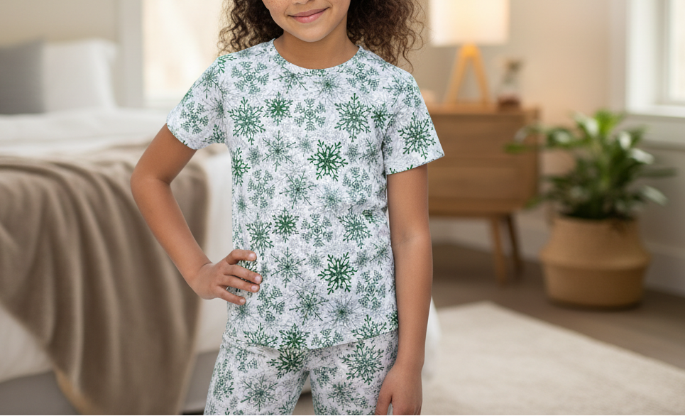 Child wearing a white pajama set with green snowflake patterns in a bedroom.