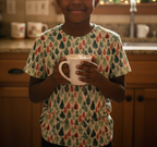 Kids pajama top with short sleeves and red, green leaf pattern