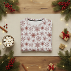 A folded white crewneck sweatshirt with a brown snowflake pattern, styled in a festive flat-lay on a beige mat with pine branches, red berries, cinnamon sticks, marshmallows, and wrapped gifts.
