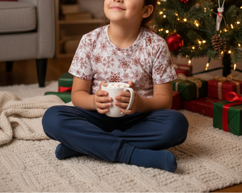 A child sitting cross-legged on a cozy knit rug in front of a decorated Christmas tree, holding a white mug. The child wears a short-sleeve pajama shirt with a brown snowflake pattern and dark navy pants.
