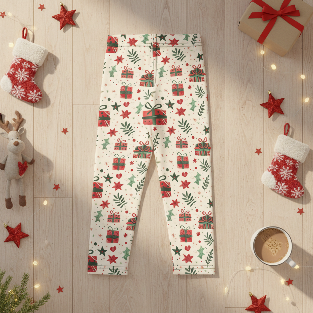 Christmas-themed leggings with a festive print of red gift boxes, green pine branches, and red stars on a white background, styled in a holiday flat-lay with stockings, a reindeer, a mug, and warm string lights.