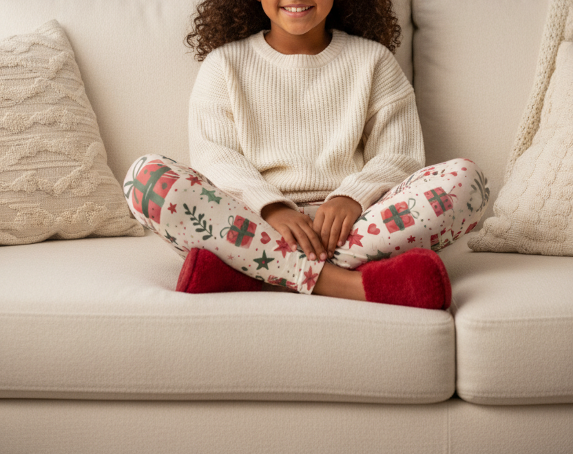 A child sitting cross-legged on a cream sofa, wearing a cream ribbed sweater and cream pajama pants with a red and green holiday gift pattern, paired with red fuzzy slippers.