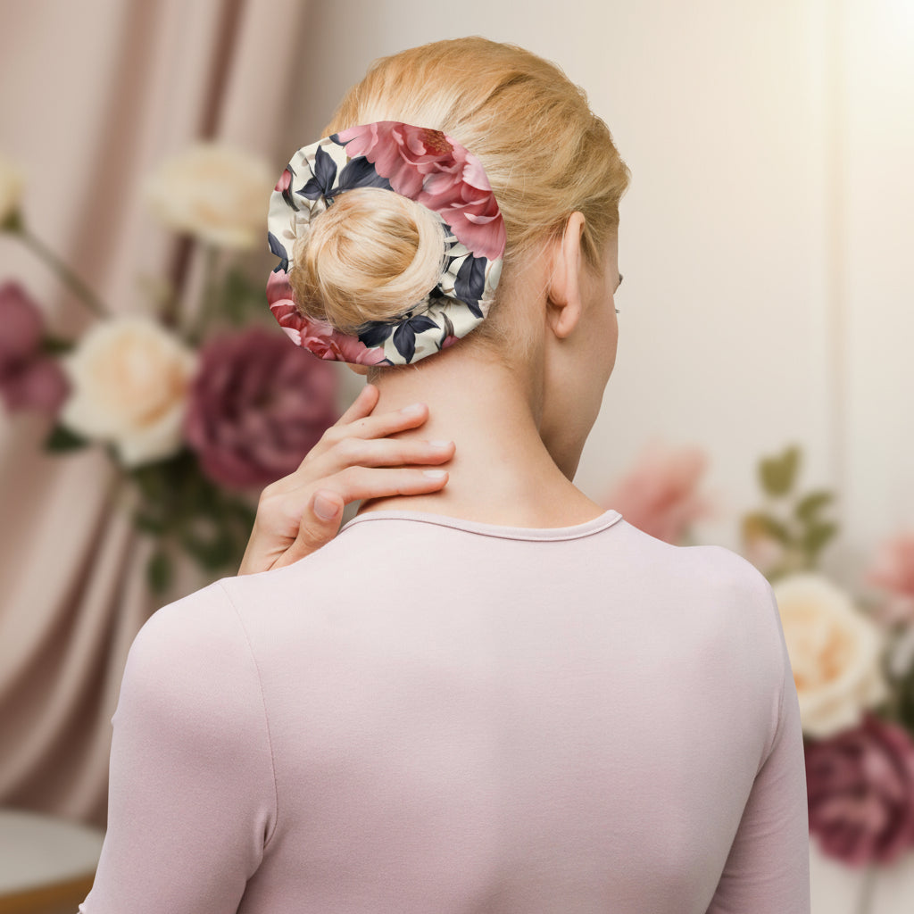 Woman using a floral hot water bottle on her neck against a white background