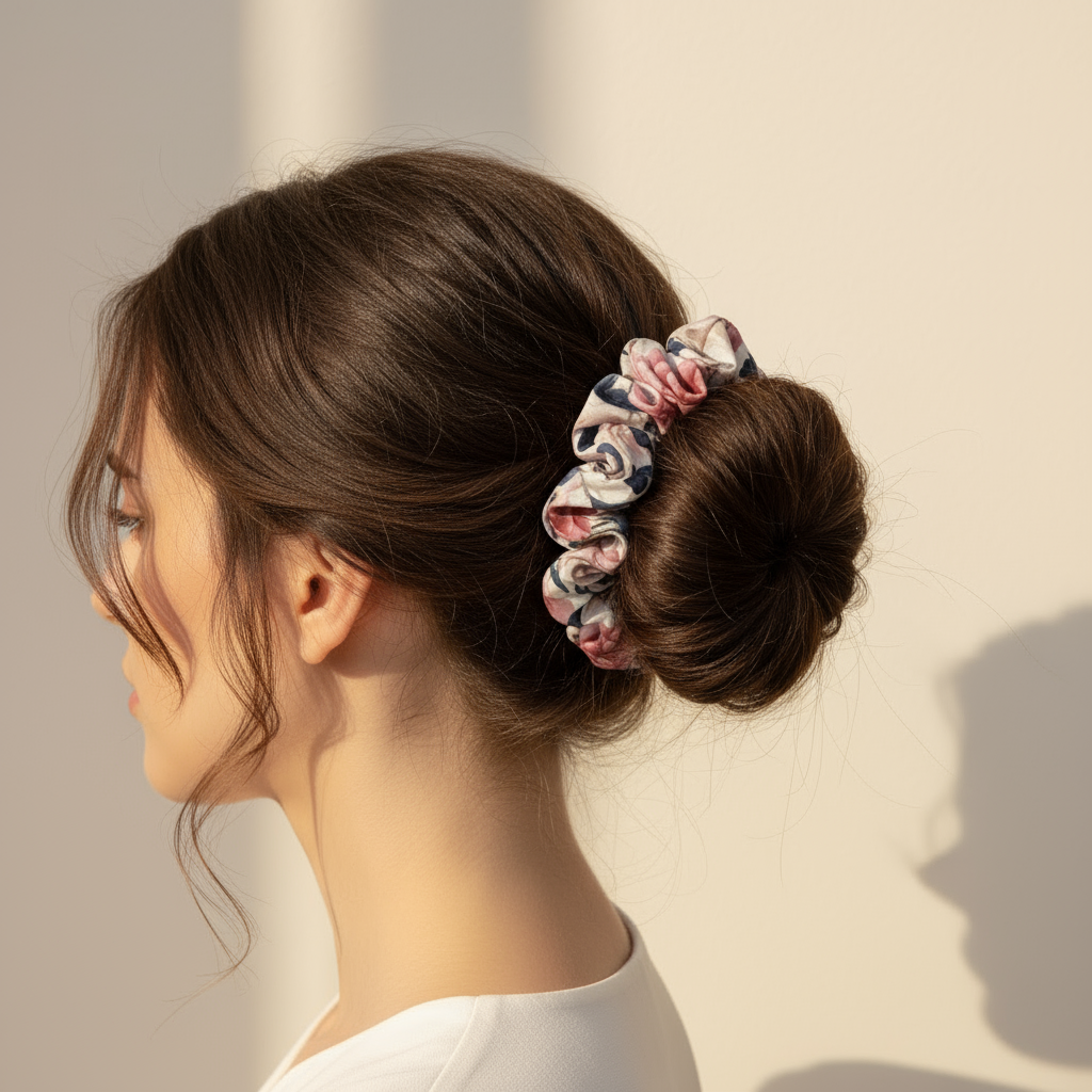 Woman with a floral scrunchie in her bun against a neutral background