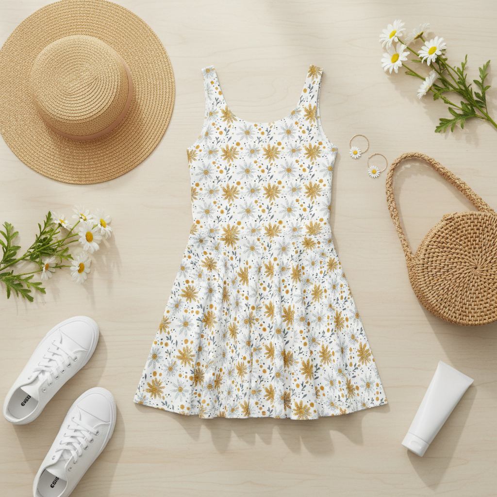 A white sleeveless sundress with a gold and blue daisy print is styled in a flat lay on a light wood background, surrounded by a straw hat, white sneakers, a woven handbag, white daisies, and a small tube of cream lotion.