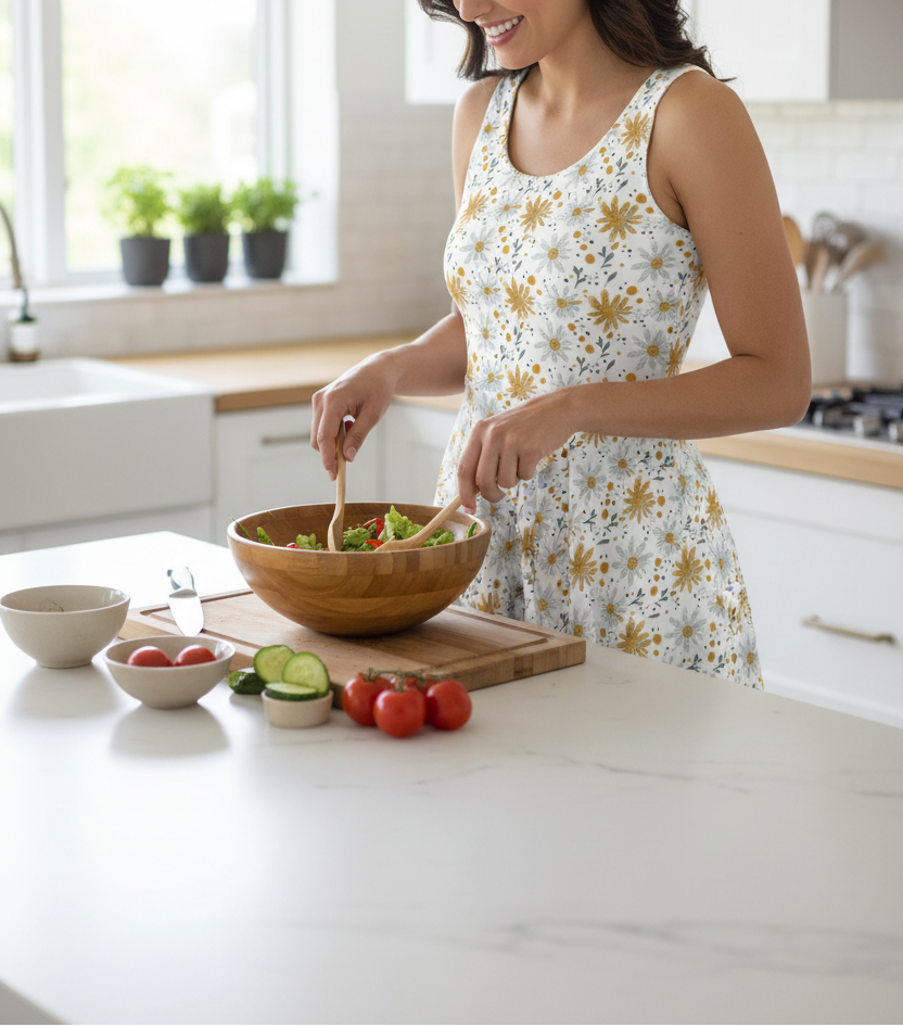 Woman in a kitchen preparing a salad with various ingredients on a white countertop.