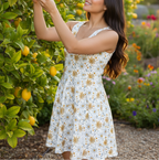 Woman in a floral dress standing in a garden with lemon trees and flowers.