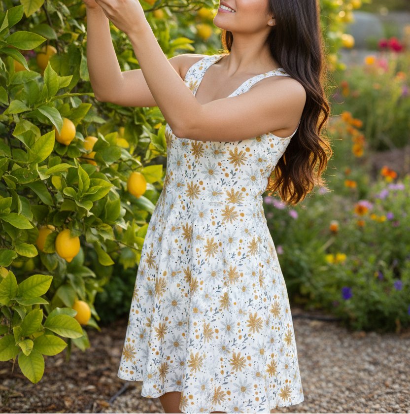 Woman in a floral dress standing in a garden with lemon trees and flowers.