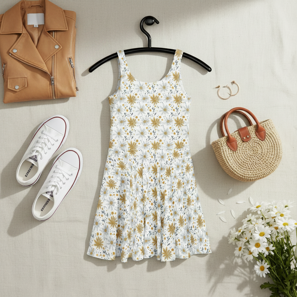 A sleeveless white sundress with a yellow and blue daisy floral print is displayed on a black hanger in a styled flat-lay arrangement. The outfit is accompanied by a straw sun hat, white sneakers, a woven straw handbag, gold hoop earrings, and a bouquet of white daisies on a textured beige fabric background.