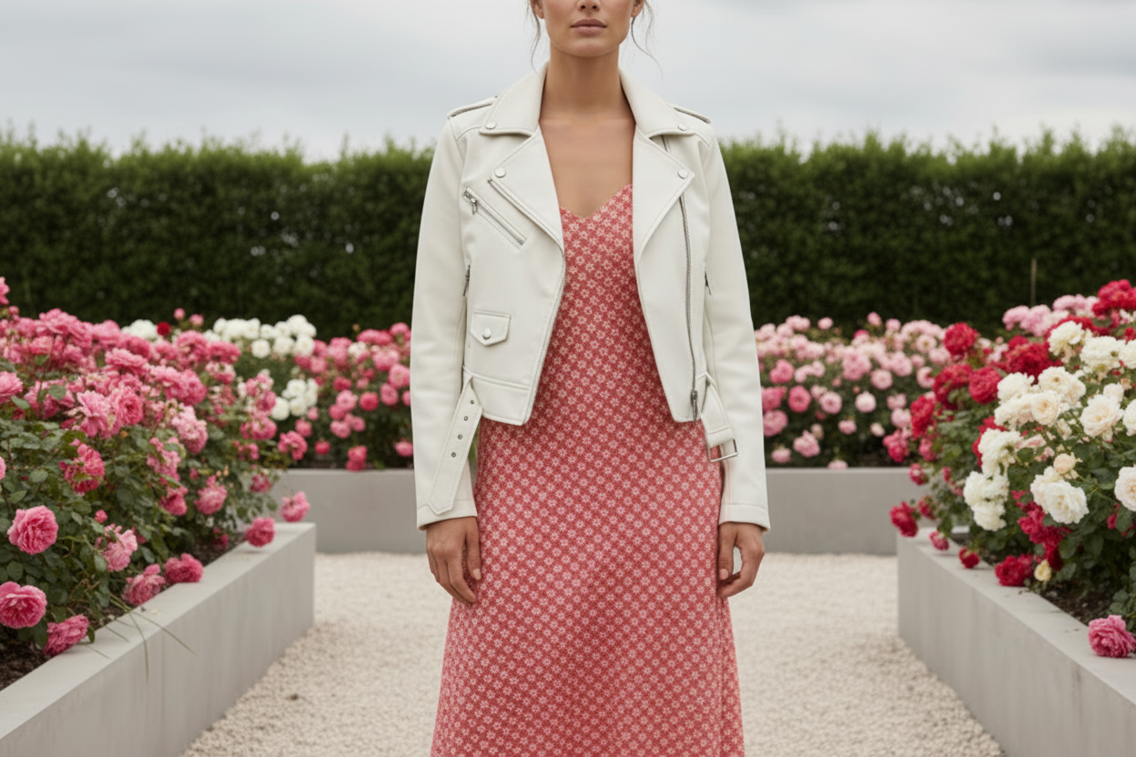 Woman wearing a white jacket and pink dress standing in a garden.
