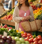 Woman shopping at a farmers market with a basket full of produce.
