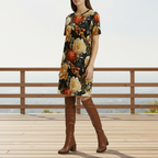 Floral patterned t-shirt with orange and beige flowers on a black background
