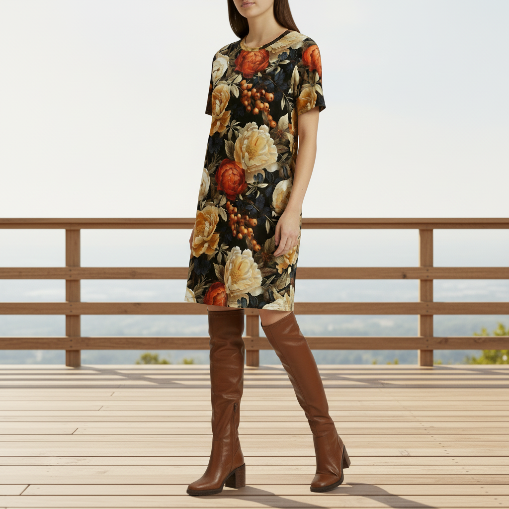 Floral patterned t-shirt with orange and beige flowers on a black background