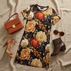 Floral patterned t-shirt with orange and beige flowers on a black background