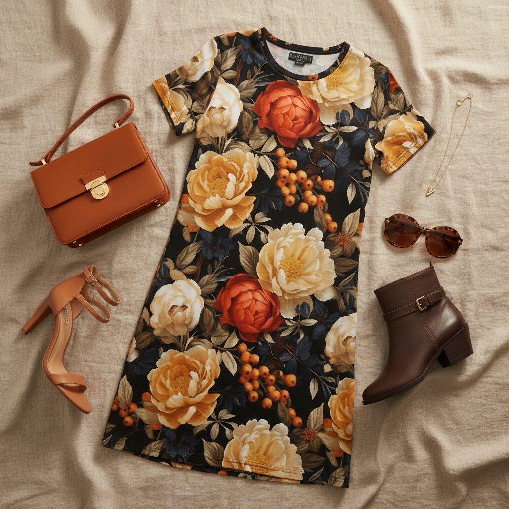 Floral patterned t-shirt with orange and beige flowers on a black background