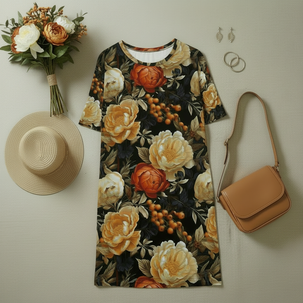 Floral t-shirt dress with short sleeves, crew neck, and dark background print