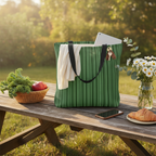 Green striped tote bag on a wooden picnic table with a laptop, phone, and food items, surrounded by nature.