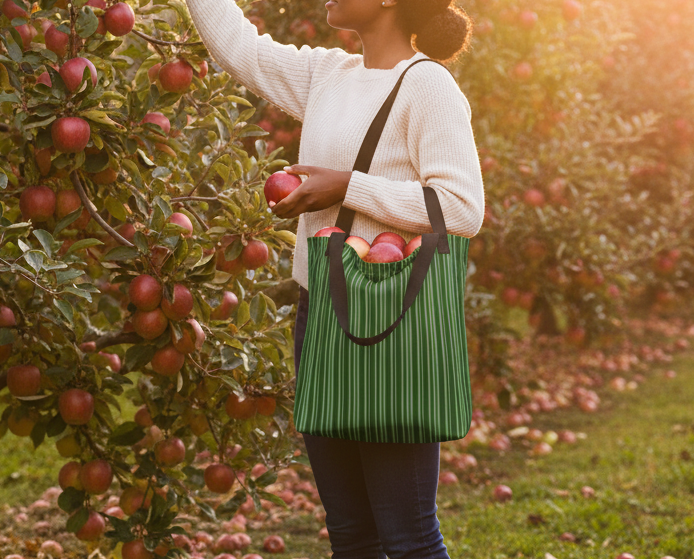 Person picking apples in an orchard with a green striped bag.