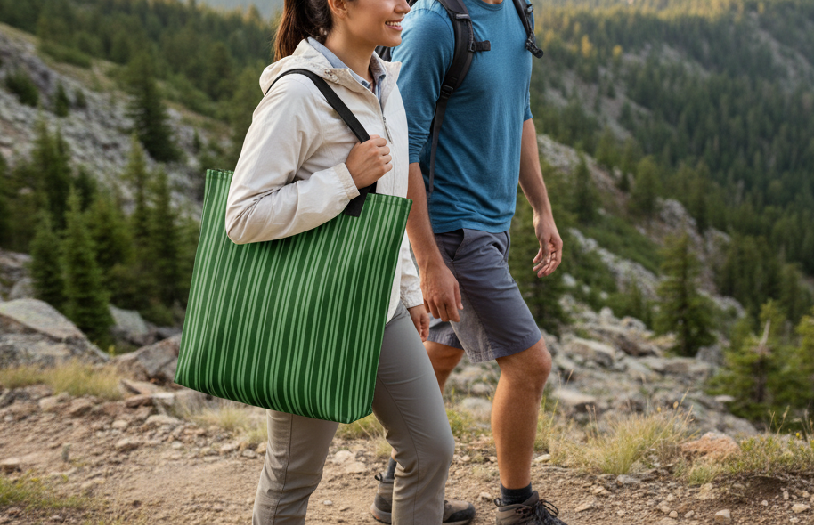 Two people hiking in a mountainous area with one carrying a green striped bag.