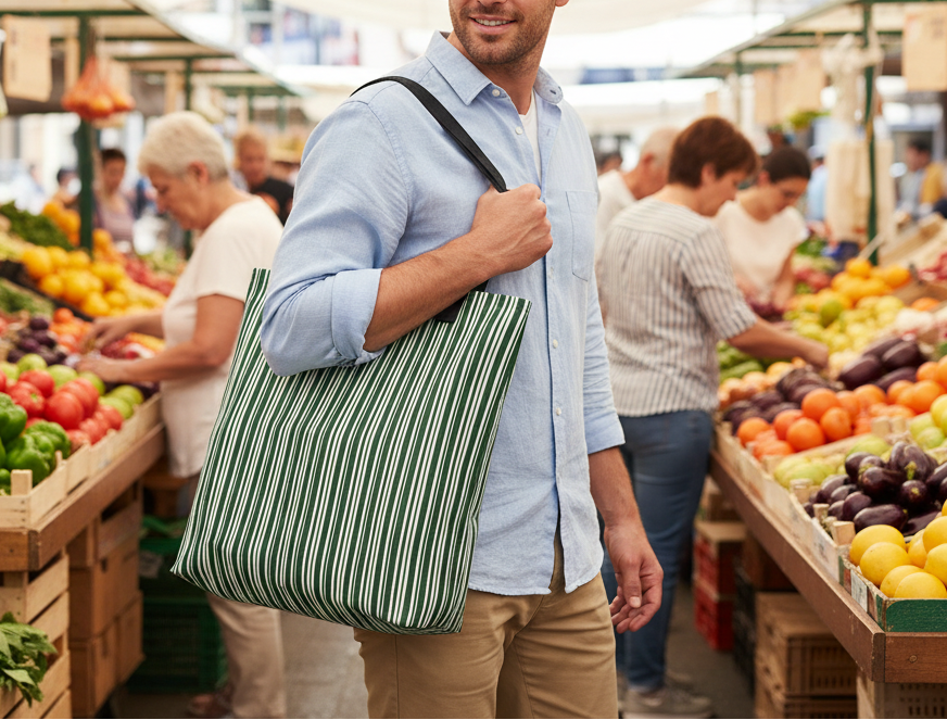 Man holding a striped reusable bag in a bustling market with fresh produce.