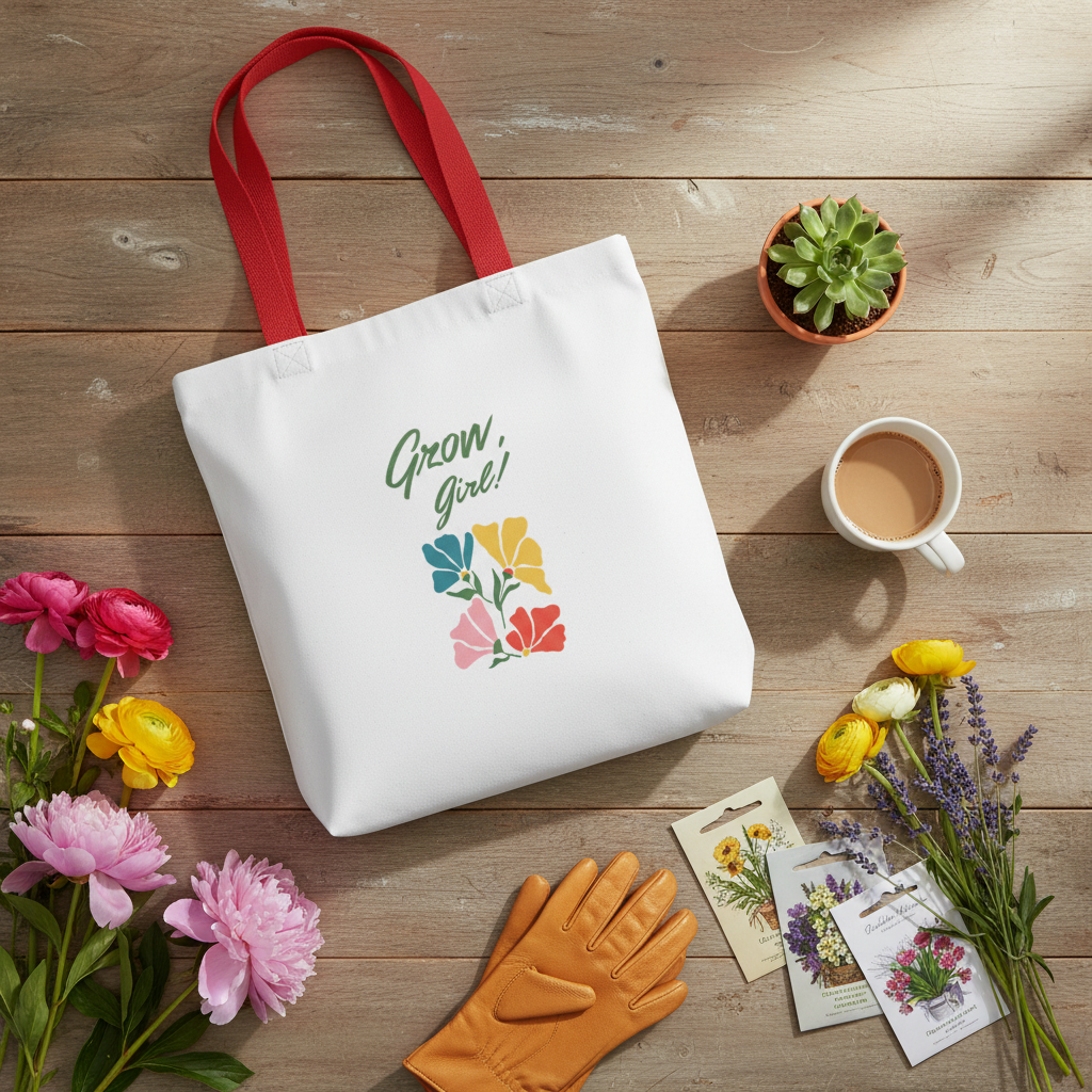 White tote bag with floral design and text on a wooden surface with flowers, coffee, and gardening gloves.
