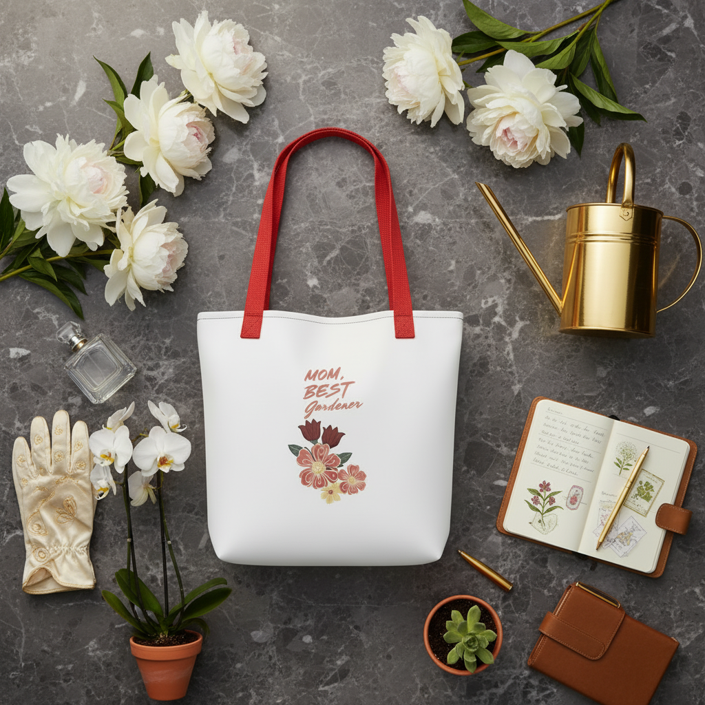 A white tote bag with red handles and a floral graphic reading 'MOM, BEST Garden' is arranged on a gray stone surface with white flowers, a gold watering can, gloves, a small plant, an open notebook, and a wallet.