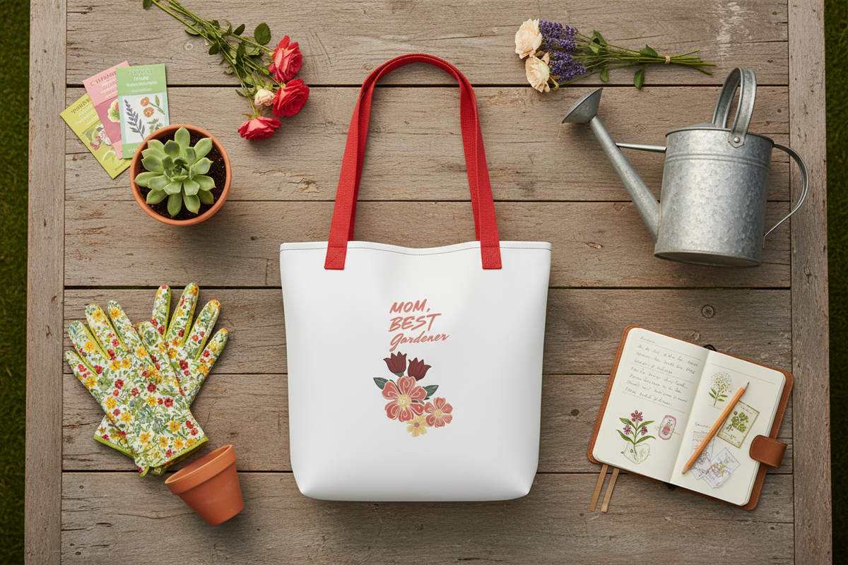 A white tote bag with red handles and a floral graphic reading 'MOM BEST Gardeners' is arranged on a rustic wooden surface with gardening props including gloves, a watering can, flowers, a notebook, and small pots.