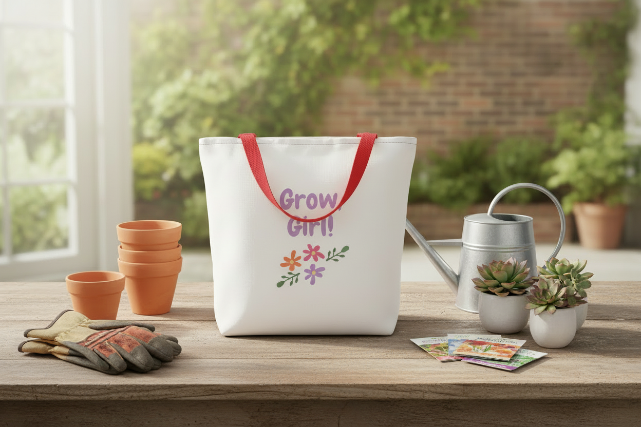 Tote bag with 'Grow Girl!' text on a table with gardening items
