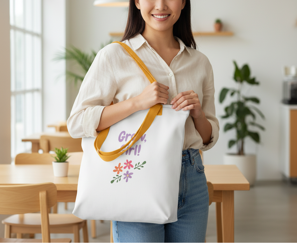 Woman holding a white tote bag with yellow strap in a bright room with plants and tables.
