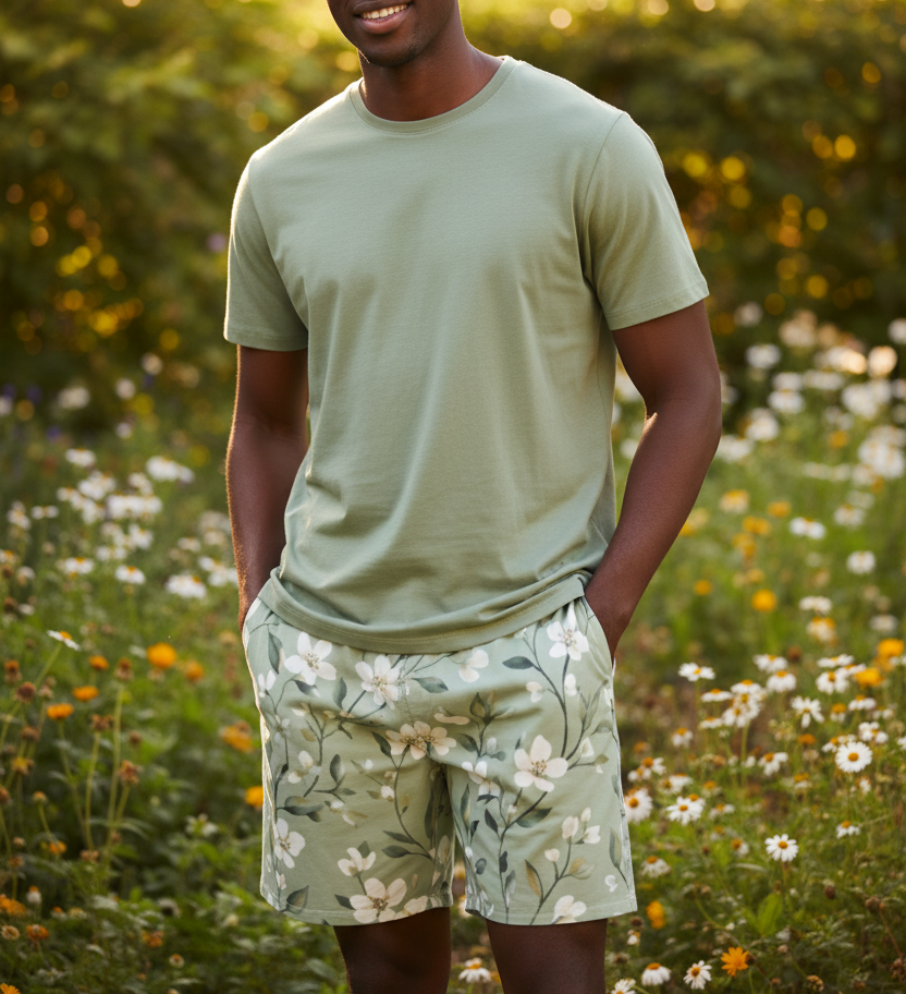Olive green floral long shorts, relaxed fit with elastic waist