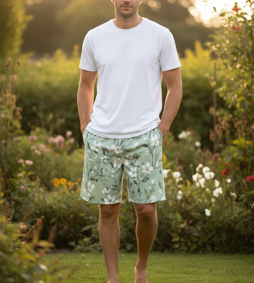 Olive green floral long shorts with elastic waistband and knee-length fit