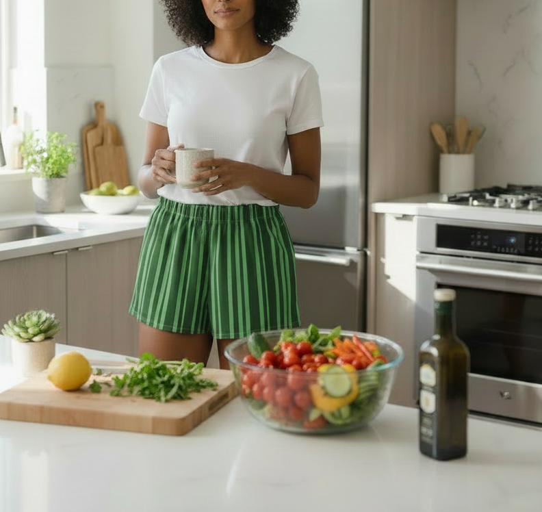 Woman standing in a kitchen holding a mug with a bowl of vegetables on the counter.