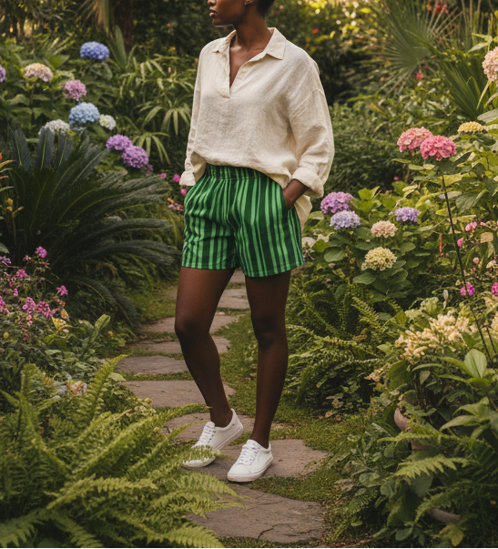 Person wearing a white shirt and green striped shorts standing in a garden with flowers and plants.