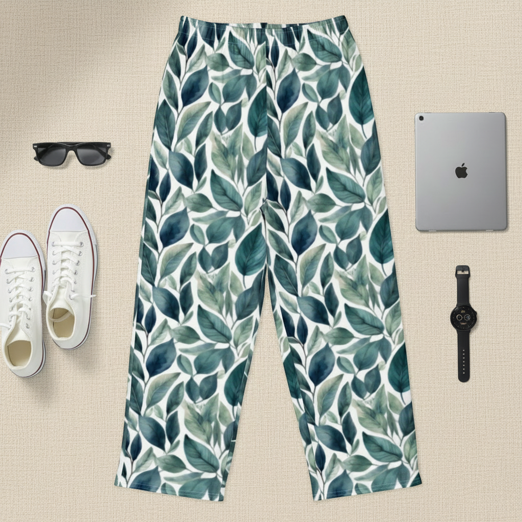 Leaf-patterned pants displayed with white sneakers, sunglasses, a tablet, and a watch on a beige background.