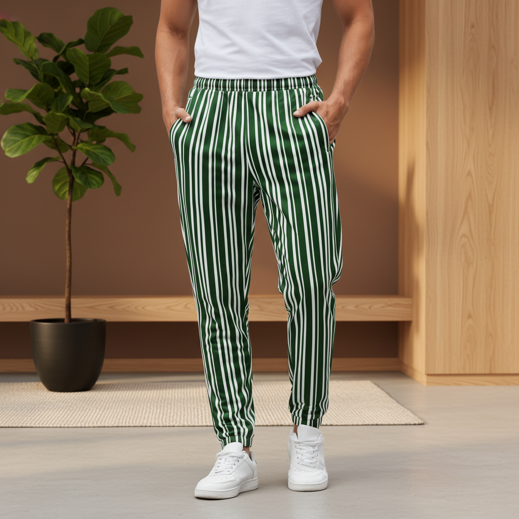 Person wearing green and white striped pants standing in a room with a plant and wooden bench.