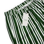 Green and white striped pants with a tag on a white background